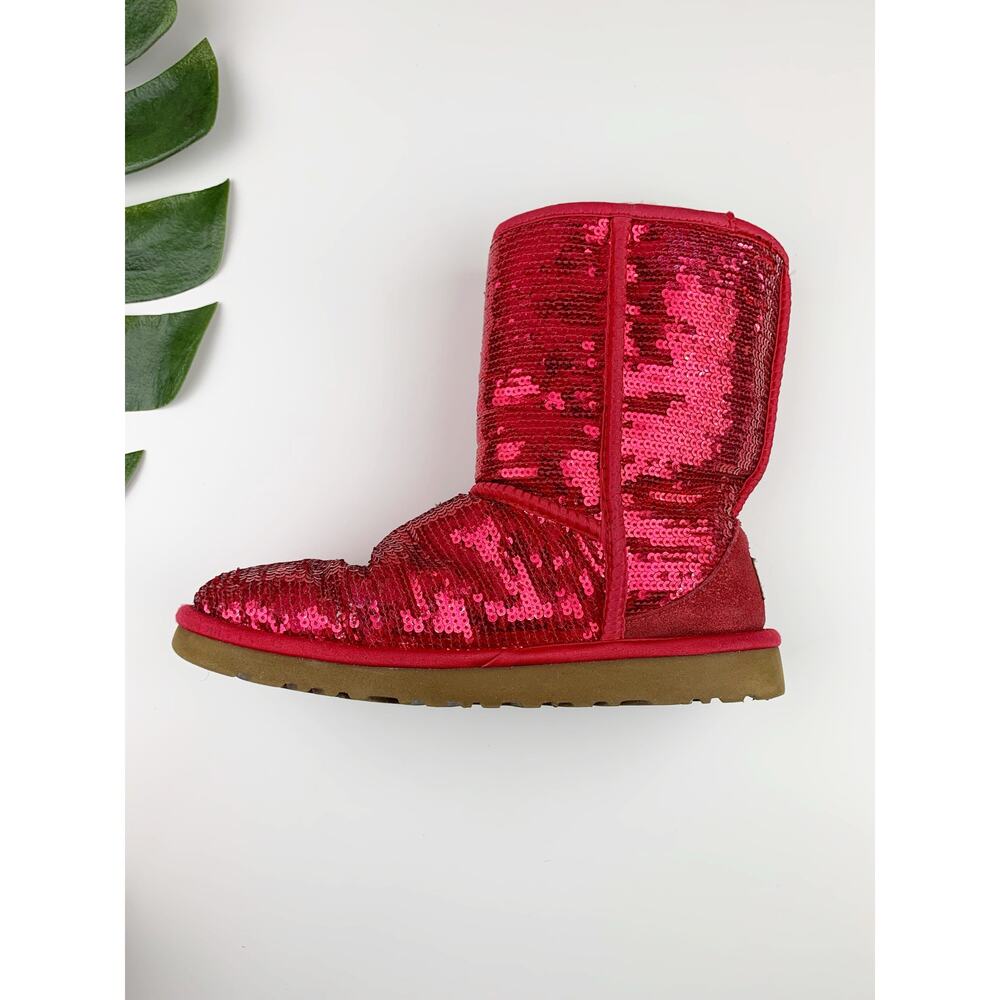 Ugg Classic Sequin Sparkle Boots Short Pink Ruby Red Plush Lining Women's 6 - Picture 8 of 12